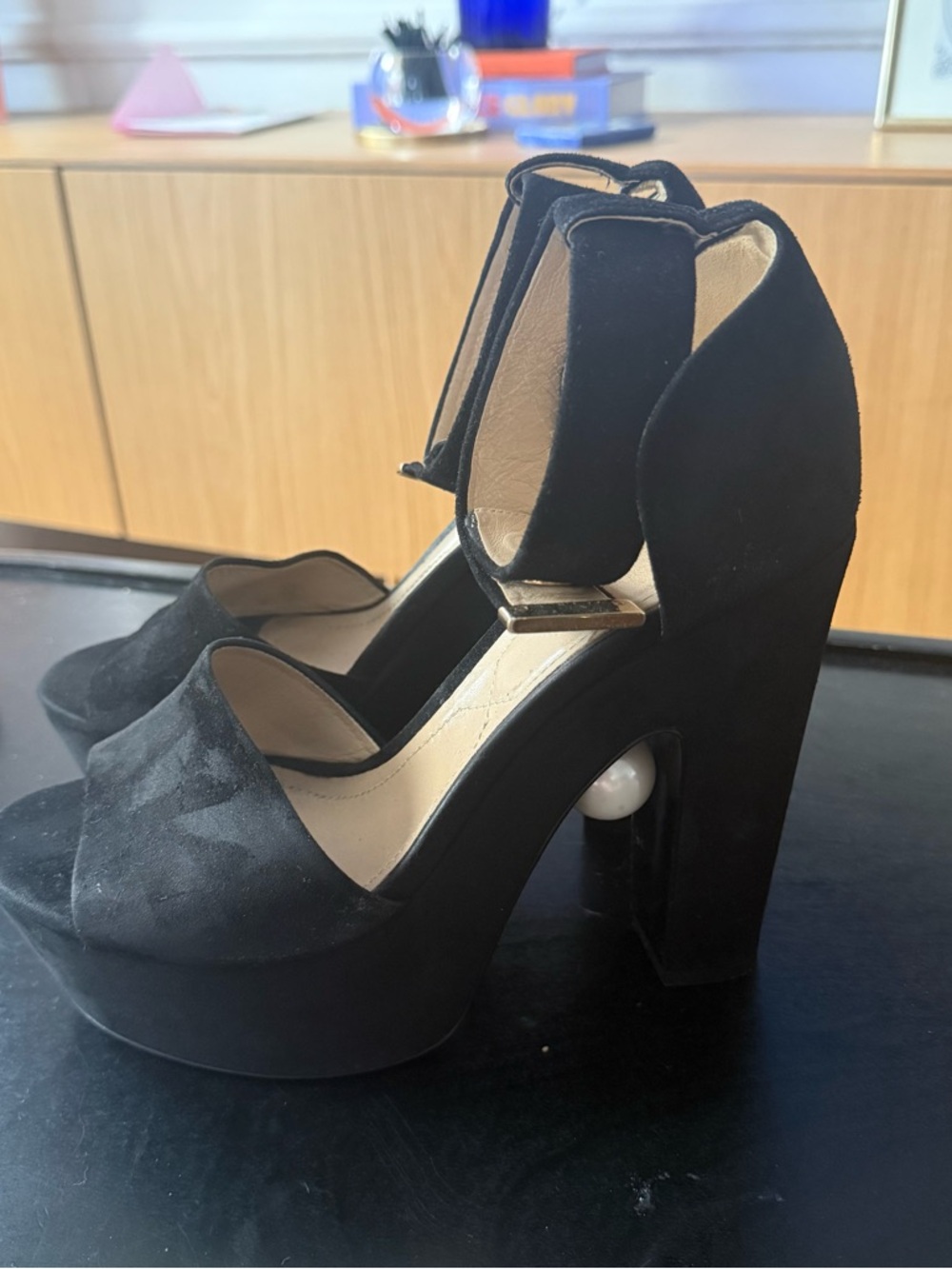 Nicholas Kirkwood Black Suede Platform Heels with Pearl Detail - Picture 5 of 9